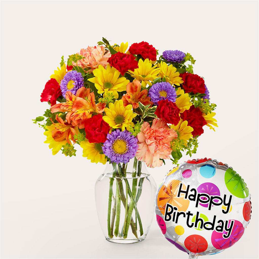 Kaleidoscope Bouquet with Birthday Balloon – Heaven Sent Florist, El Paso TX