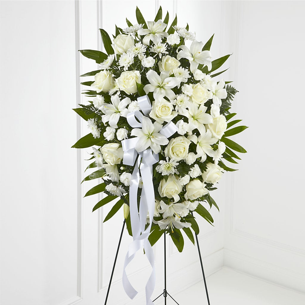 Exquisite Tribute Standing Spray-White Ribbon – Heaven Sent Florist, El Paso TX